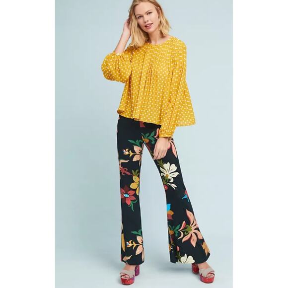 NEW! Farm Rio Calla Flared Retro Floral Pants S Black Motif Retro Boho $148 - Picture 11 of 11